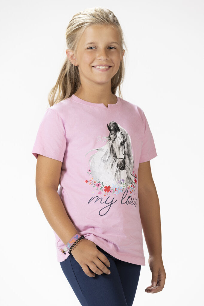 Pferde T-Shirt mit weißem Pferd, Blumen und Schriftzug "my love"