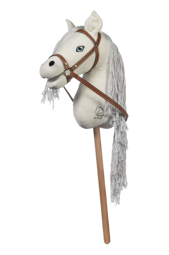weißes kleines Hobby Horse mit brauner Trense