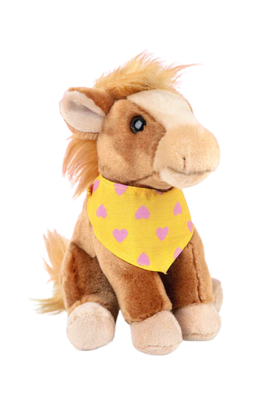 Kuscheltierpferd sitzend mit gelben Halsband