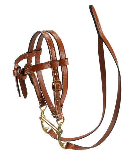 LeMieux Hobby Horse Westerntrense in Braun kaufen: Freisteller-Produktfoto des echten Leder-Zaumzeugs mit Western-Bit und  vernähten Zügelenden.