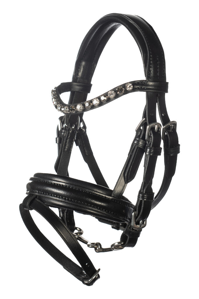 Schwarze Ledertrense mit englischem Reithalfter und Zügeln für Hobby-Horsing