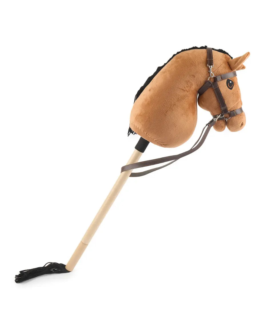 Braunes Steckenpferd in der Seitenansicht mit montiertem Holzstab; leichtes Design für Hobby Horsing Turniere und Training.