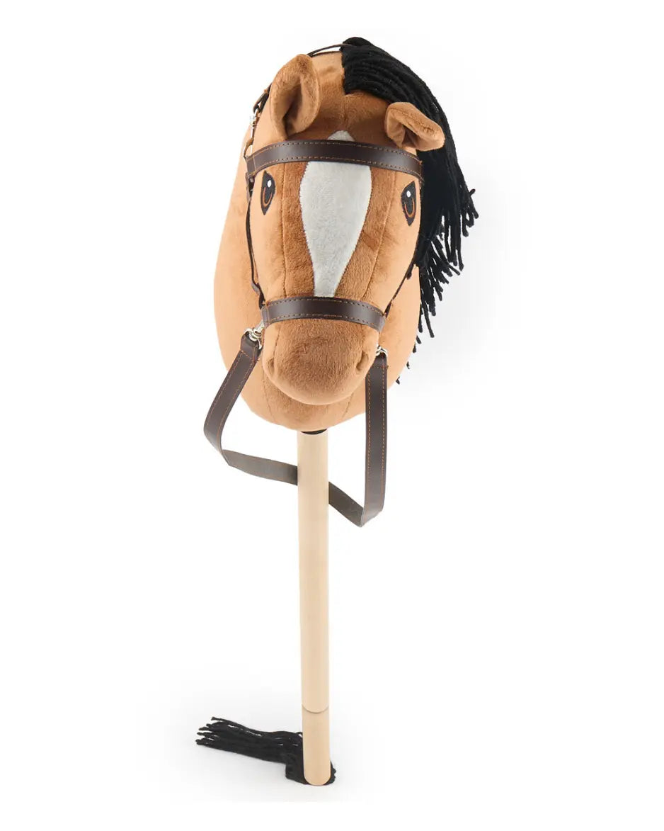 Vogelperspektive auf den Kopf des Bieco Hobby Horse; zeigt die weiße Blesse und den symmetrischen Sitz des Zaumzeugs