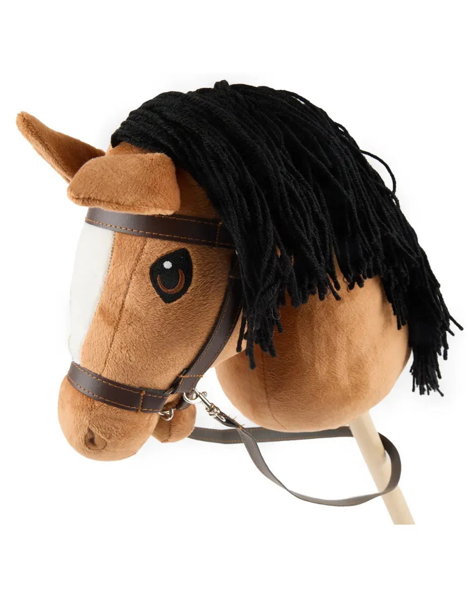 Frontale Ansicht des Bieco Hobby Horse Größe M; brauner Plüsch mit markanter weißer Blesse und schwarzer Mähne
