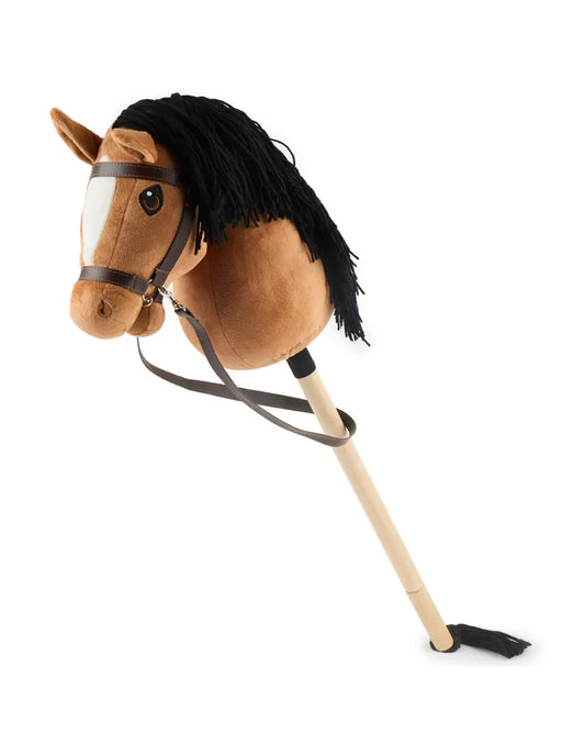 Bieco Hobby Horse Größe M in Braun mit weißer Blesse, schwarzer Mähne und inklusive Trense auf hellem Hintergrund