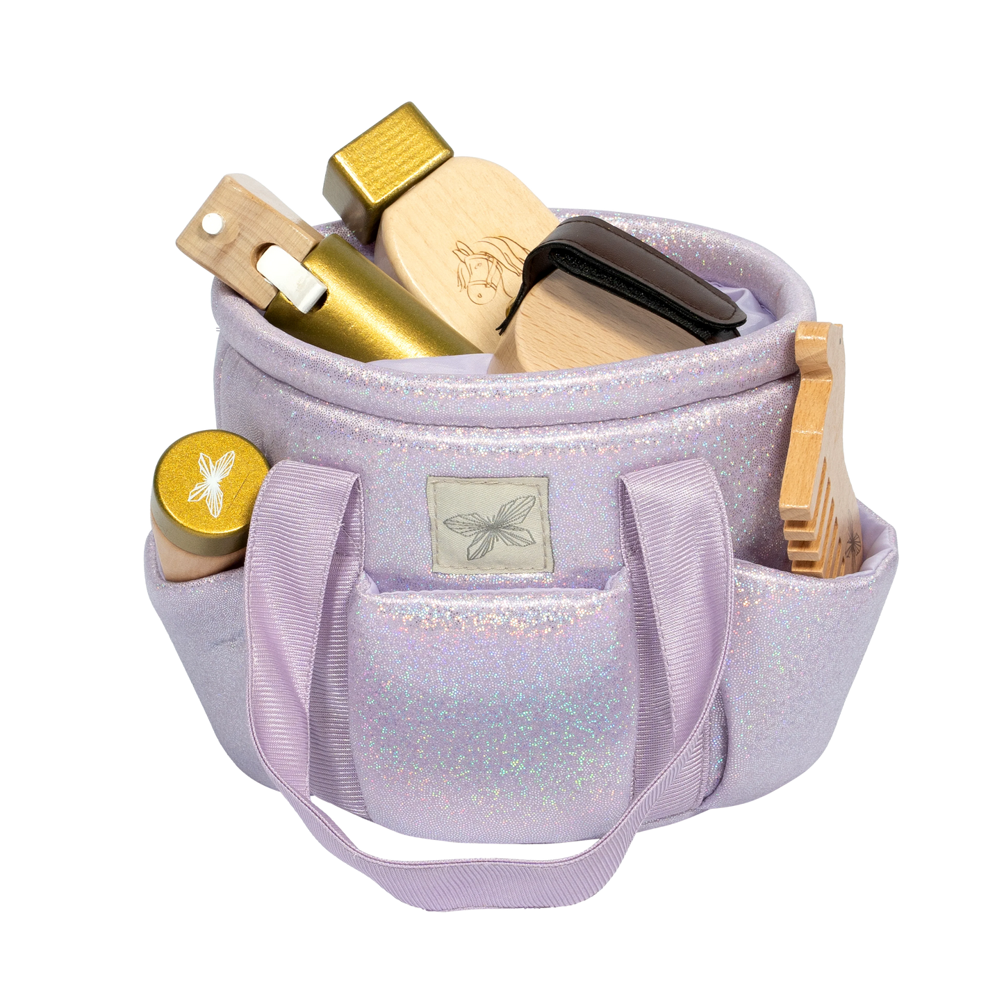 Putztasche Hobby Horsing in lila gefüllt mit Hobby Horsing Putzzeug