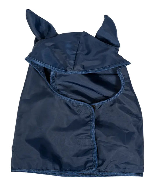 byASTRUP Hobby Horse Regenschutz in Dunkelblau; wasserdichte Abdeckung mit Klettverschluss und Ohrenausschnitten auf weißem Hintergrund.
