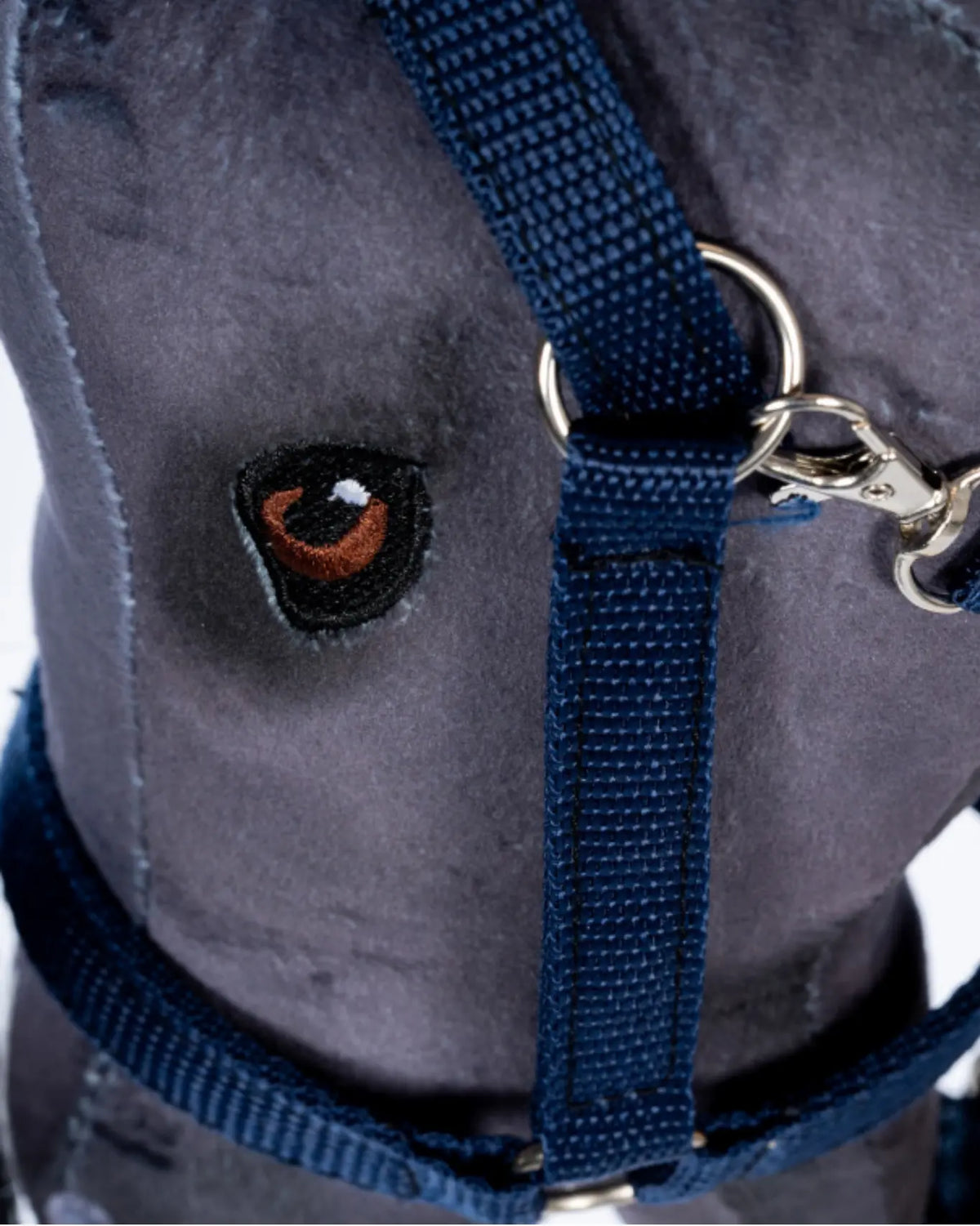 Detailansicht des dunkelblauen byASTRUP Halfters am Steckenpferdkopf; stabiler Ring und Karabinerverschluss zur einfachen Handhabung.
