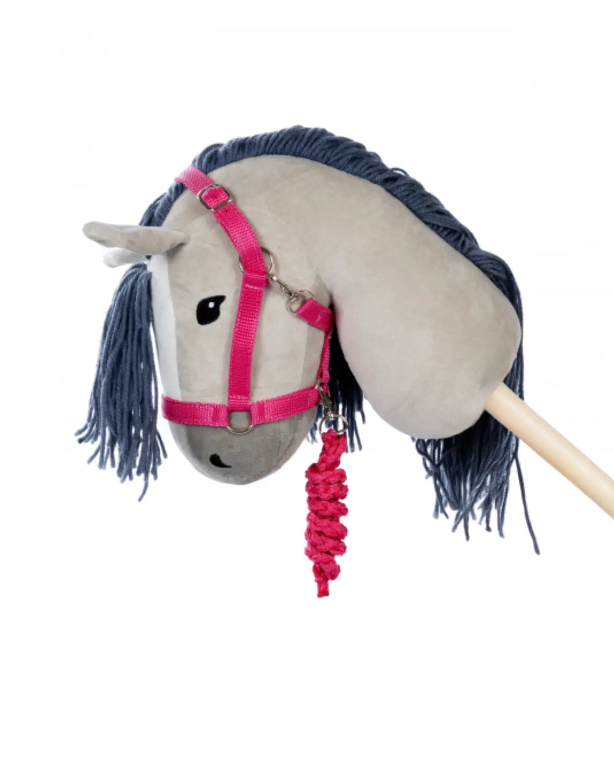 byASTRUP Hobby Horse Halfter Set in Pink mit passendem Führstrick; verstellbares Halfter Größe M an grauem Steckenpferd mit schwarzer Mähne auf weißem Hintergrund