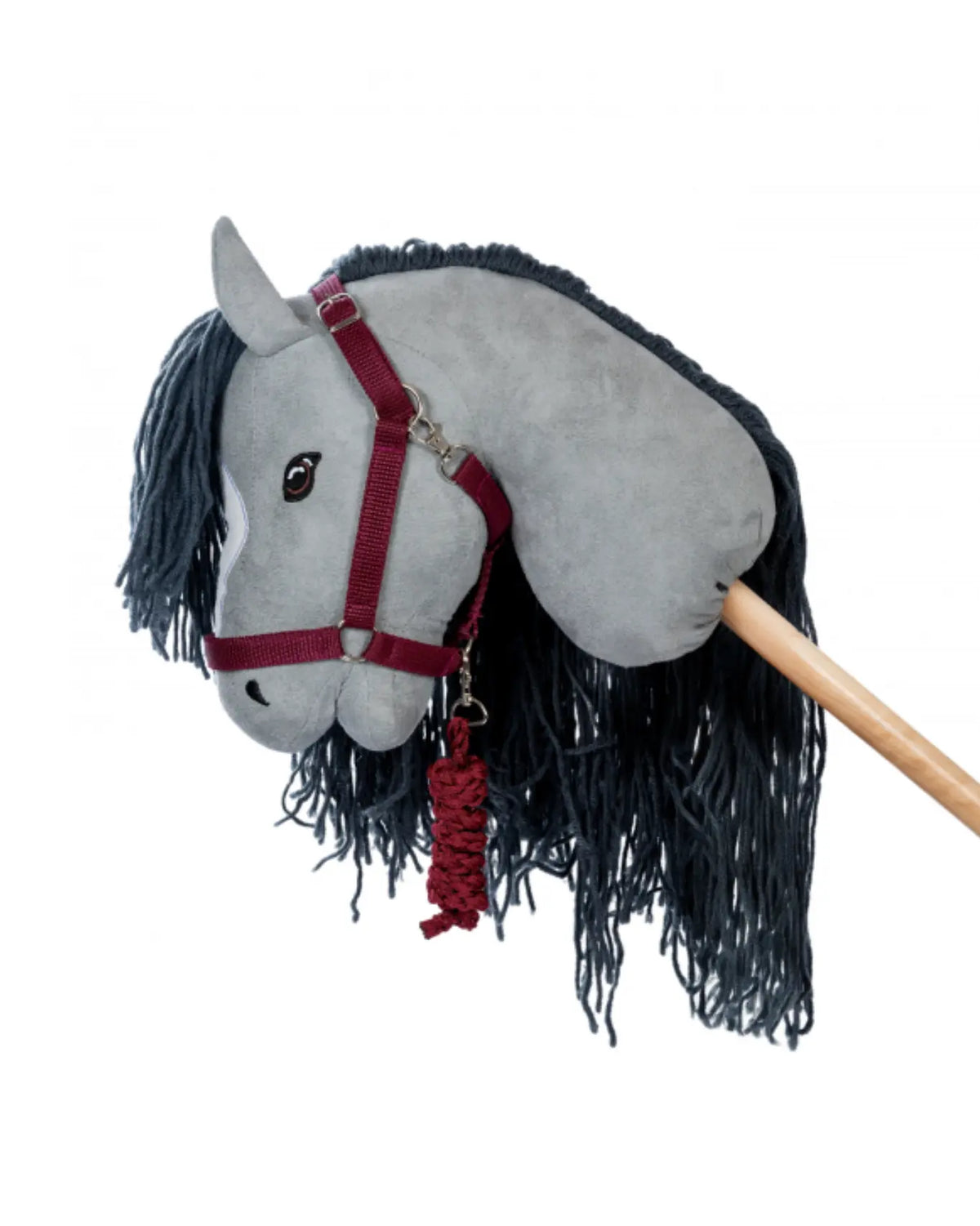 byASTRUP Hobby Horse Halfter-Set in Burgund; elegantes Bordeaux-Rot mit passendem geflochtenem Führstrick für Steckenpferde.