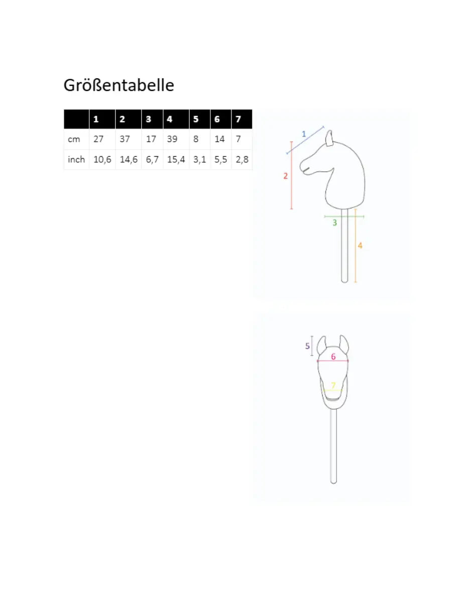 Übersichtliche HKM Hobby Horse Größentabelle: Technische Skizze mit exakten Abmessungen für Steckenpferde der Größe L zur Unterstützung der passenden Kaufentscheidung.