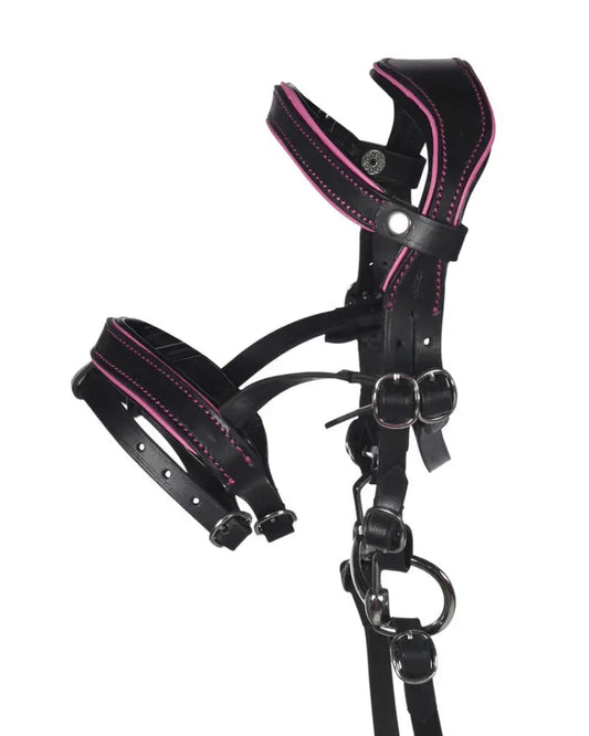 HKM Hobby Horse Ledertrense Manchester in Schwarz-Pink: Hochwertiges englisches Reithalfter in Größe L mit Zügeln und Gebiss für mittelgroße Steckenpferde.