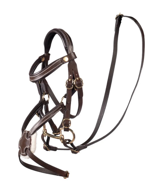 HKM Hobby Horse Ledertrense in Braun mit mexikanischem Reithalfter, Gebiss und Zügeln vor weißem Hintergrund