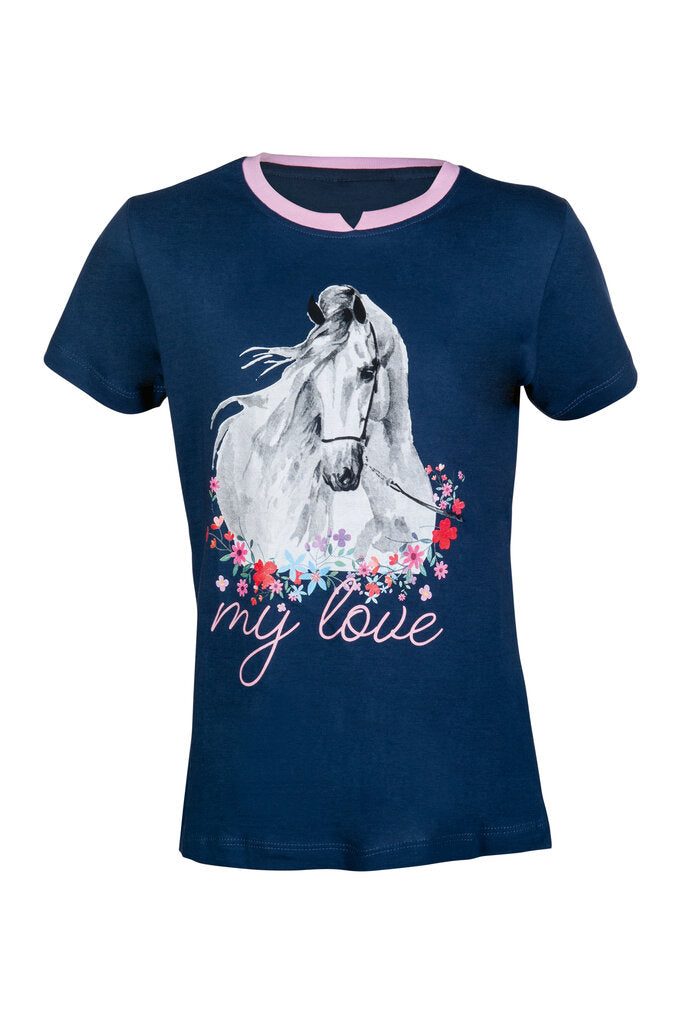 Pferde T-Shirt mit weißem Pferd, Blumen und Schriftzug "my love"