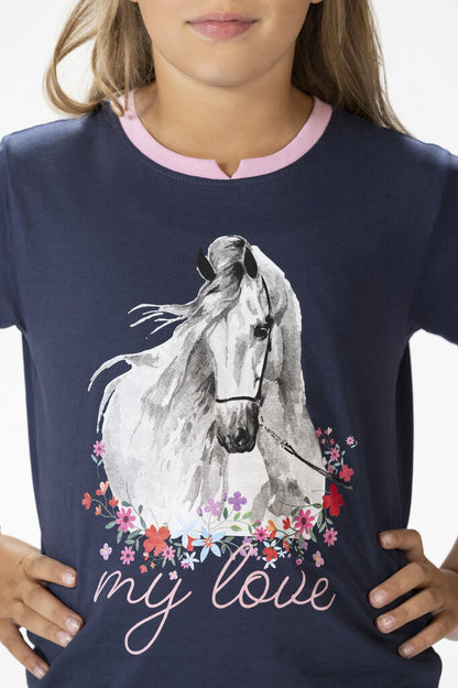 Pferde T-Shirt mit weißem Pferd, Blumen und Schriftzug "my love"