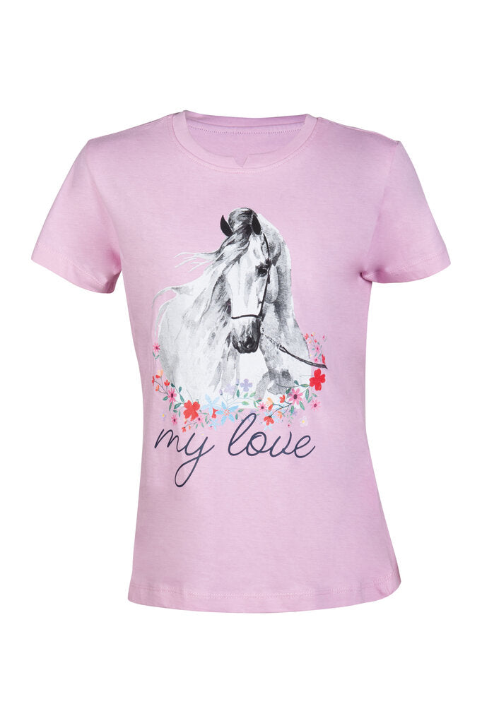 Pferde T-Shirt mit weißem Pferd, Blumen und Schriftzug "my love"