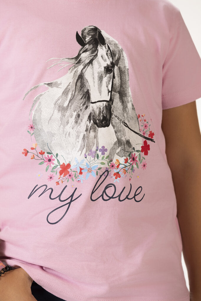 Pferde T-Shirt mit weißem Pferd, Blumen und Schriftzug "my love"