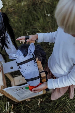 Mädchen füttert und bürstet ihr Hobby Horse