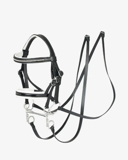 freigestellte le mieux Doppelkandare für hobby horse dressur mit zwei gebissstückeun und zwei paar zügeln, echtleder schwarz mit strass stirnriemen und nasenriemen