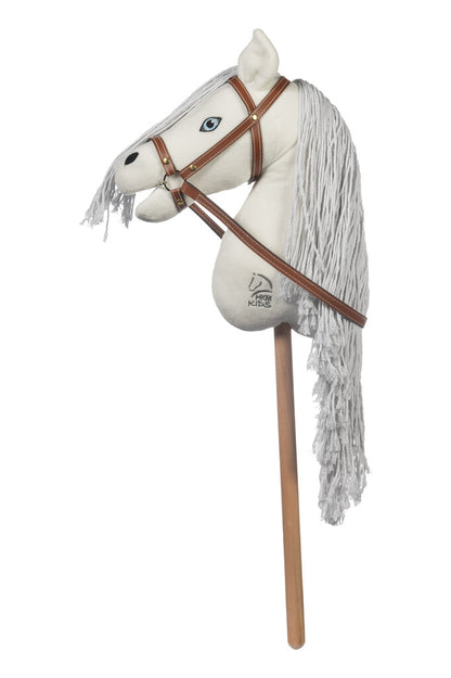 weißes kleines Hobby Horse mit brauner Trense