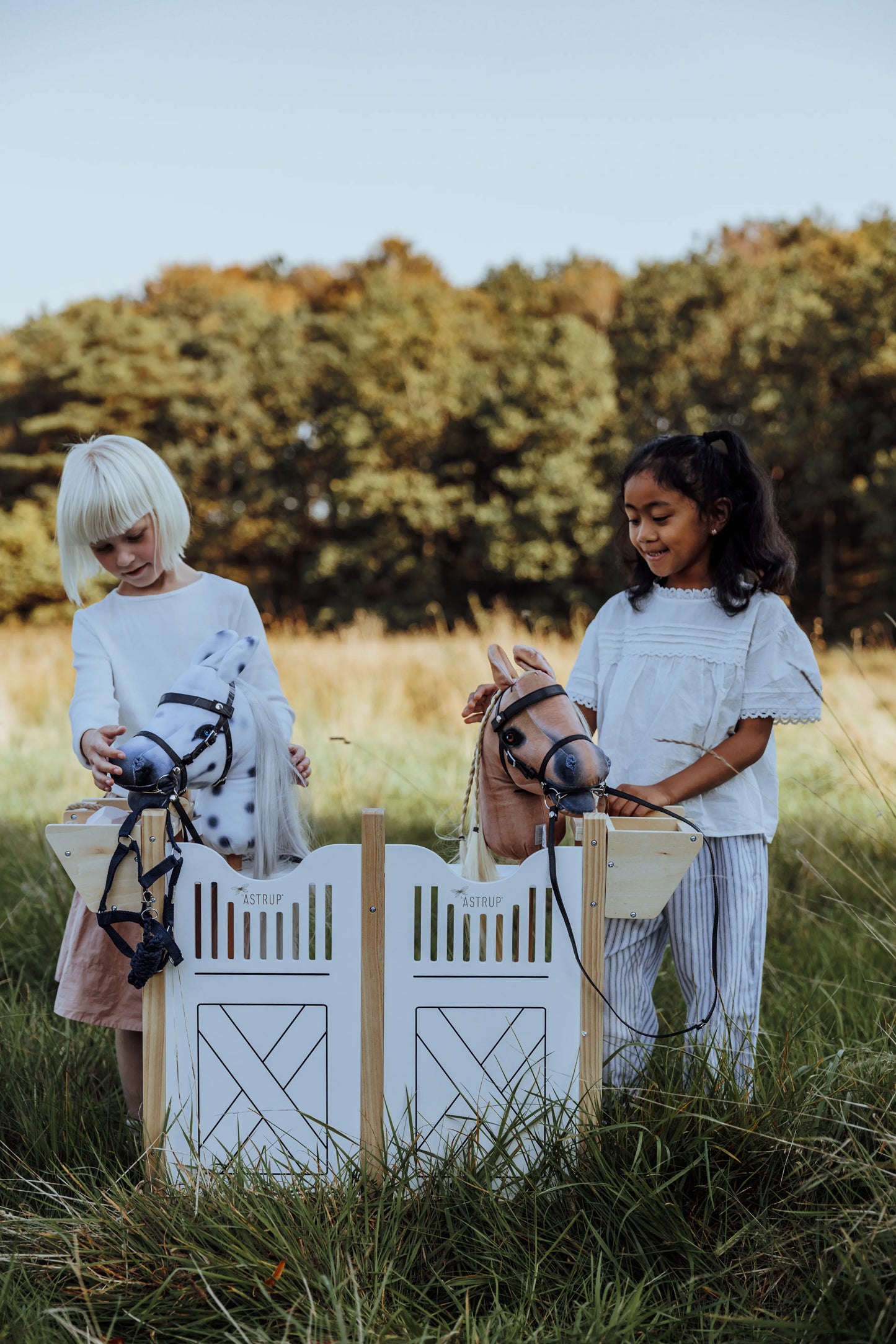 Zwei Kinder spielen gemeinsam auf einer Wiese mit der ByAstrup Box für vier Hobby Horses – ein Highlight für das kreative Rollenspiel.