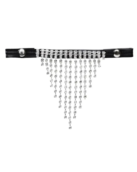 Wechselstirnriemen für hobby horses in schwarz mit klaren Strassteinen, die in einem Dreieck verlaufen