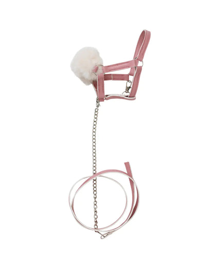 freigestelltes Bild von einem rosa Panduro Hobby Horse Kunstlederhalfter mit Führkette
