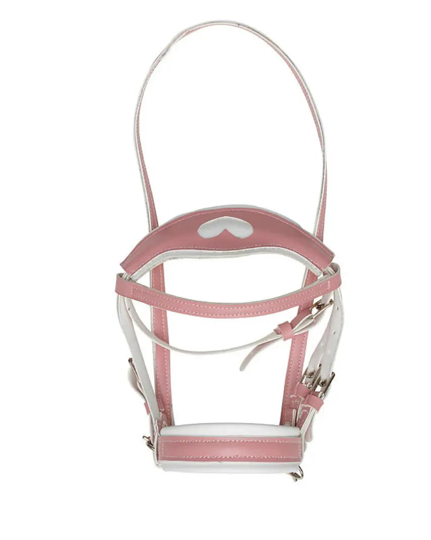 Freigestellte Aufnahme einer rosa Hobby Horse Trense. die Trense ist Gebisslos und hat ein Herz im Genickstück, sie ist weich unterlegt und inklusive rosa Zügel