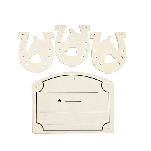 hobby horse stallschild aus holz unbemalt mit drei holzhufeisen zum selbstgestalten